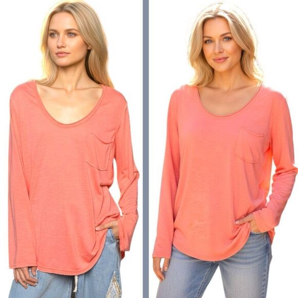 POL Shirt  Coral Chest Pocket Long Sleeve T-Shirt Medium NEW - Picture 3 of 5